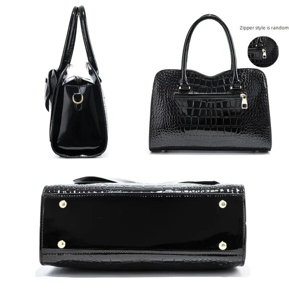 Black Crocodile Pattern Bow Handbag | Patent Faux Leather Purse w/ Strap - Picture 3 of 7